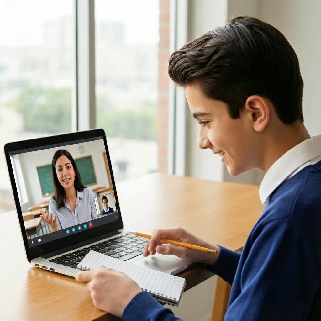 Student's view of teacher sharing whiteboard with math graph, teacher's camera feed in corner