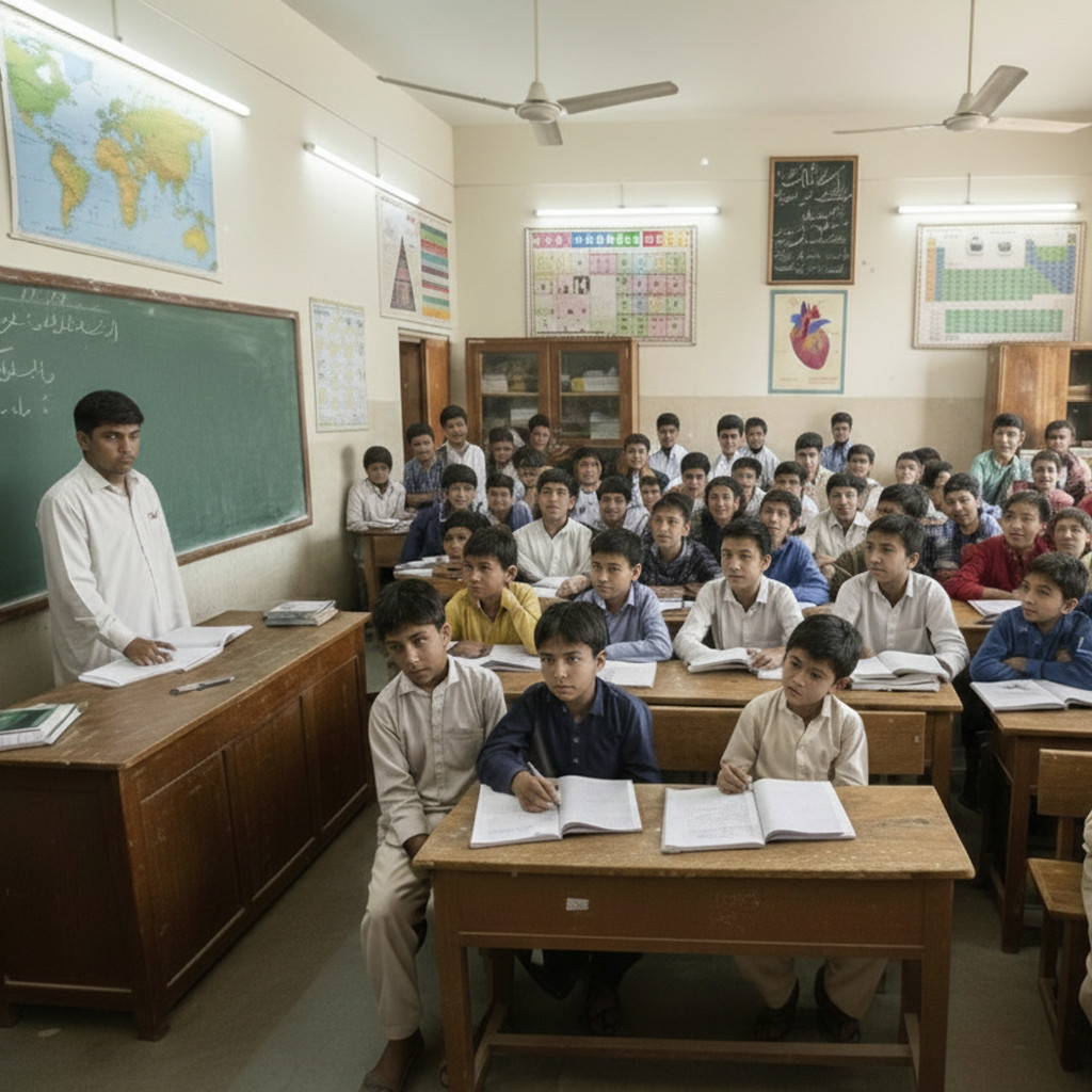 Traditional classroom with teacher at blackboard